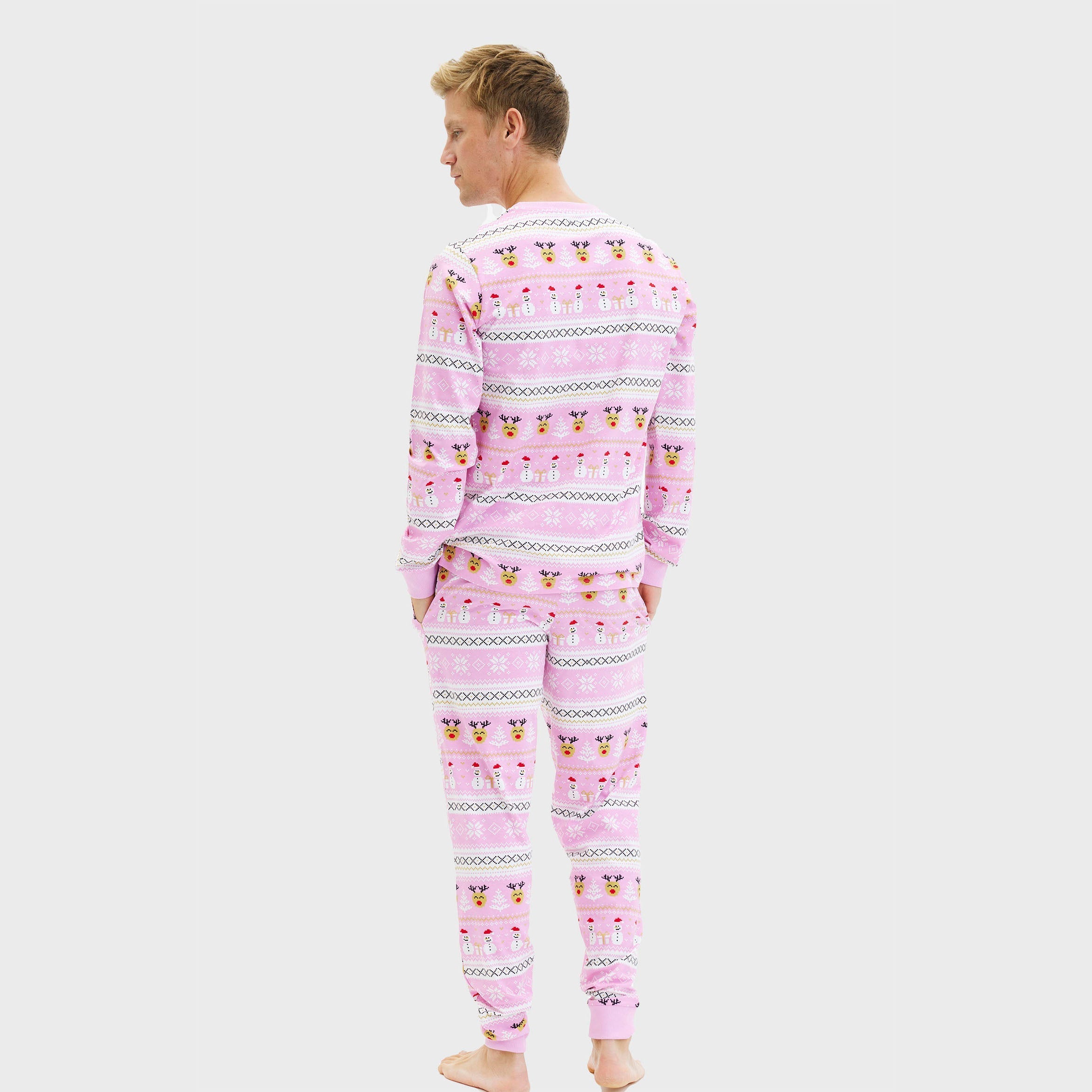Weihnachtspyjama Herren in Rosa mit Norwegermuster aus nachhaltigem Material, zweiteilig.